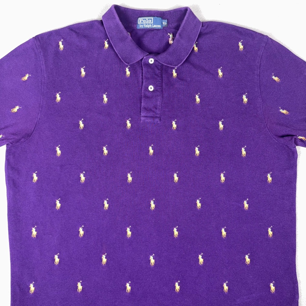 Polo Ralph Lauren Allover Flesh Pony Embroidered Polo Shirt Purple Mens XL - Picture 4 of 7